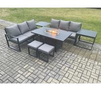 Fimous Aluminium 8 Seater Outdoor Garden Furniture Lounge Sofa Set Gas Fire Pit Dining Table with 2 Small Footstools 2 Dark Grey