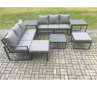 Fimous Aluminium 8 Seater Outdoor Garden Furniture Lounge Sofa Set with Square Coffee Table 2 Side Tables 2 Big Footstools Dark Grey