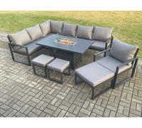 Fimous Aluminium 9 Pieces Garden Furniture Corner Sofa Set with Cushions Gas Fire Pit Dining Table Set with Chair 3 Footstools Dark Grey Fimous Dark Grey