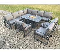 Fimous Aluminium Outdoor Garden Furniture - Corner Sofa, 3 PC Chairs, Gas Fire Pit Dining Table Set - Dark Grey - 10 Seater