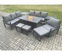 Fimous Aluminium 9 Pieces Garden Furniture Sofa Set with Cushions 10 Seater Gas Fire Pit Dining Table Set with 2 Side Tables 3 Footstools Dark Grey Dark Grey