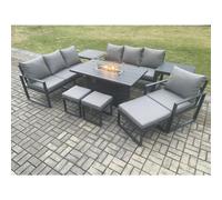Fimous Aluminium 9 Pieces Garden Furniture Sofa Set with Cushions 10 Seater Gas Fire Pit Dining Table Set with 2 3 Footstools Dark Grey