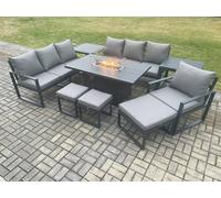 Fimous Aluminium 9 Pieces Garden Furniture Sofa Set with Cushions 10 Seater Gas Fire Pit Dining Table Set with 2 Side Tables 3 Footstools in Dark Grey Fimous Dark Grey