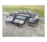 Fimous Aluminium 9 Pieces Garden Furniture Sofa Set with Cushions 8 Seater Outdoor Patio Set with 2 Armchair 3 Footstools 2 Dark Grey