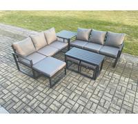Fimous Aluminium 9 Seater Garden Furniture Outdoor Patio Sofa Set with Rectangular Coffee Table 3 Footstools Side Table Dark Grey