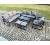 Aluminium 9 Seater Garden Furniture Outdoor Patio Sofa Set with Rectangular Coffee Table Armchair 2 Small Footstool 2 Side Tables Fimous Dark Grey One Size