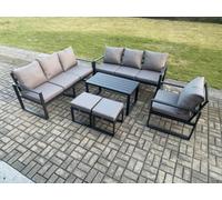 Fimous Aluminium 9 Seater Garden Furniture Outdoor Patio Sofa Set with Rectangular Coffee Table Armchair 2 Small Footstool Dark Grey
