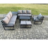 Fimous Aluminium 9 Seater Garden Furniture Outdoor Patio Sofa Set with Rectangular Coffee Table Armchair 2 Small Footstool Side Table Dark Grey