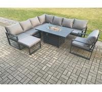 Fimous Aluminium 9 Seater Garden Furniture Outdoor Set Patio Lounge Sofa Gas Fire Pit Dining Table Set with Chair Big Footstools Dark Grey Fimous Dark Grey