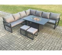 Fimous Aluminium 9 Seater Garden Furniture Outdoor Set Patio Lounge Sofa Gas Fire Pit Dining Table Set with 2 Small Footstools Dark Grey