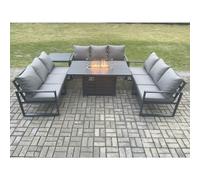 Fimous Aluminium 9 Seater Garden Furniture Outdoor Set Patio Lounge Sofa Gas Fire Pit Dining Table Set with Side Table Dark Grey