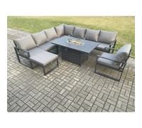 Fimous Aluminium 9 Seater Garden Furniture Outdoor Set Patio Lounge Sofa Gas Fire Pit Dining Table Set with Chair Big Footstools Dark Grey Fimous Dark Grey