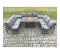 Fimous Aluminium 9 Seater Garden Furniture Outdoor Set Patio Lounge Sofa Gas Fire Pit Dining Table Set with 2 Side Tables Dark Grey