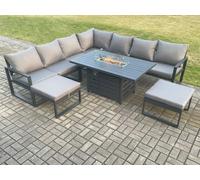 Fimous Aluminium 9 Seater Garden Furniture Outdoor Set Patio Lounge Sofa Gas Fire Pit Dining Table Set with 2 Big Footstools Dark Grey Fimous Dark Grey