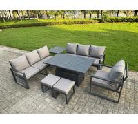 Fimous Aluminium Garden Furniture Sets,9 Seater Outdoor Sofa Dining Set with Adjustable Rising Lifting Dining Table Side Table 2 Small Footstools for