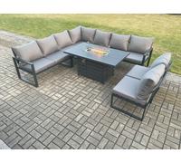 Fimous Aluminium 9 Seater Lounge Corner Sofa Outdoor Garden Furniture Sets Gas Fire Pit Dining Table Set Dark Grey