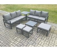Fimous Aluminium 9 Seater Outdoor Garden Furniture Lounge Sofa Set with Square Coffee Table 3 Footstools Side Table Dark Grey Fimous Dark Grey