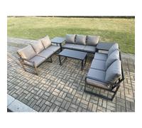 Fimous Aluminium 9 Seater Outdoor Garden Furniture Set Lounge Sofa Oblong Coffee Table 2 PC Sets with Cushions Dark Grey