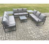 Fimous Aluminium 9 Seater Outdoor Garden Furniture Set Patio Lounge Sofa with Square Coffee Table 2 Side Tables Conservatory Set Dark Grey