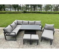 Fimous Aluminium Adjustable Rising Lifting Dining Table Sofa Set 10 Seat Aluminium Garden Furniture Sets Dark Grey