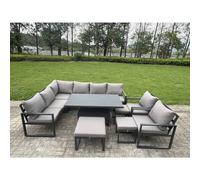 Fimous Aluminium Adjustable Rising Lifting Dining Table Sofa Set 11 Seat Aluminium Garden Furniture Sets with 3 Footstools 2 Chairs Dark Grey