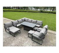 Fimous Aluminium Adjustable Rising Lifting Dining Table Sofa Set 12 Seat Aluminium Garden Furniture Sets with 3 Footstools 3 Chairs Dark Grey