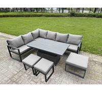 Fimous Aluminium Adjustable Rising Lifting Dining Table Sofa Set 9 Seat Aluminium Garden Furniture Sets With 3 Footstool Dark Grey