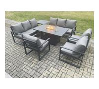 Fimous Aluminium Garden Furniture Outdoor Set Patio Lounge Sofa Gas Fire Pit Dining Table Set with 3 Armchair Dark Grey