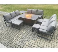 Fimous Aluminium Garden Furniture Outdoor Set Patio Lounge Sofa Gas Fire Pit Dining Table Set with 3 Footstools Dark Grey