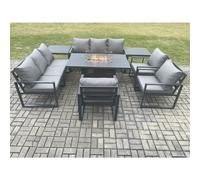 Fimous Aluminium Garden Furniture Outdoor Set Patio Lounge Sofa Gas Fire Pit Dining Table Set with 3 Armchair 2 Side Table Dark Grey