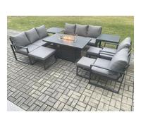 Fimous Aluminium Garden Furniture Outdoor Set Patio Lounge Sofa Gas Fire Pit Dining Table Set with 3 Footstools 2 Dark Grey