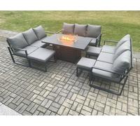 Fimous Aluminium Garden Furniture Outdoor Set Patio Lounge Sofa Gas Fire Pit Dining Table Set with 3 Footstools Dark Grey Fimous Dark Grey
