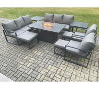 Fimous Aluminium Garden Furniture Outdoor Set Patio Lounge Sofa Gas Fire Pit Dining Table Set with 3 Footstools 2 Side Tables Dark Grey Fimous Dark Grey