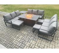 Fimous Aluminium Garden Furniture Outdoor Set Patio Lounge Sofa Gas Fire Pit Dining Table Set with 3 Footstools Dark Grey