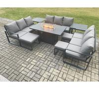 Fimous Aluminium Garden Furniture Outdoor Set Patio Lounge Sofa Gas Fire Pit Dining Table Sets with 3 Footstools 2 Side Tables Dark Grey Fimous Dark Grey