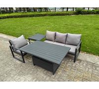 Fimous Aluminium Garden Furniture Set 4 Piece Aluminium Lounge Seating Adjustable Rising Lifting Dining Table Set with Cushions Side Table Dark Grey