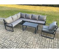 Fimous Aluminium Garden Furniture Set Outdoor Indoor Lounge Corner Sofa Chair Oblong Coffee Table Sets Dark Grey 7 Seater