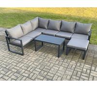 Fimous Aluminium Garden Furniture Set Outdoor Indoor Lounge Corner Sofa Oblong Coffee Table Sets with Big Footstool Dark Grey