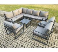 Fimous Aluminium Garden Furniture Set Outdoor Lounge Corner Sofa 3 Pcs Chair Square Coffee Table Sets Dark Grey 9 Seater