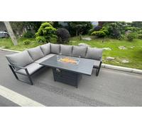 Fimous Aluminum Outdoor Garden Furniture Corner Sofa Gas Fire Pit Dining Table Sets Gas Heater Burner Dark Grey 6 Seater
