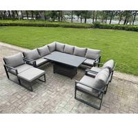 Fimous Aluminium Garden Furniture Sets,10 Seater Outdoor Conversational Dining Set with Adjustable Rising Lifting Dining Table Cushions