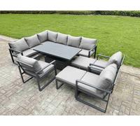 Fimous Aluminium Garden Furniture Sets,11 Seater Outdoor With Adjustable Rising Lifting Dining Table,2 Big Footstools Dark Grey