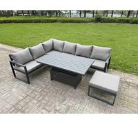 Fimous Aluminium Garden Furniture Sets,7 Seater Outdoor Conversational Dining Set with Adjustable Rising Lifting Dining Table Cushions for Yard,Poolsi