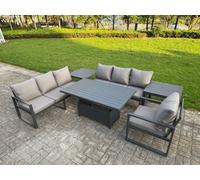 Fimous Aluminium Garden Furniture Sets,7 Seater Outdoor Sofa Dining Set with Adjustable Rising Lifting Dining Table 2 Side Tables Cushions for Yard,Po