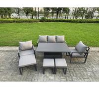 Fimous Aluminium Garden Furniture Sets 8 Seater Outdoor Sofa Set with Adjustable Rising Dining Table 2 Chairs 3 Footstools - Dark Grey