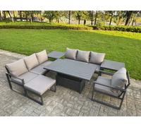 Fimous Aluminium Garden Furniture Sets,8 Seater Outdoor Sofa Dining Set with Adjustable Rising Lifting Dining Table 2 Side Tables Big Footstool for Ya