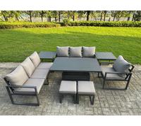 Fimous Aluminium Garden Furniture Sets,9 Seater Outdoor Sofa Dining Set with Adjustable Rising Lifting Dining Table 2 Side Tables 2 Small Footstools f