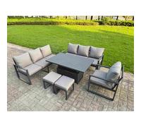 Fimous Aluminium Garden Furniture Sets,9 Seater Outdoor Sofa Dining Set with Adjustable Rising Lifting Dining Table 2 Small Footstools for Yard,Poolsi