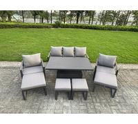 Fimous Aluminium Garden Furniture Sets 9 Seater Outdoor Sofa Set with Adjustable Rising Lifting Dining Table 2 Chairs 4 Footstools