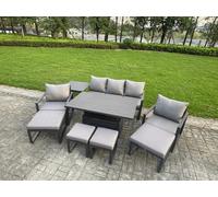 Fimous Aluminium Garden Furniture Sets 9 Seater Outdoor Sofa Set with Adjustable Rising Lifting Dining Table 2 Chairs 4 Footstools Side Table